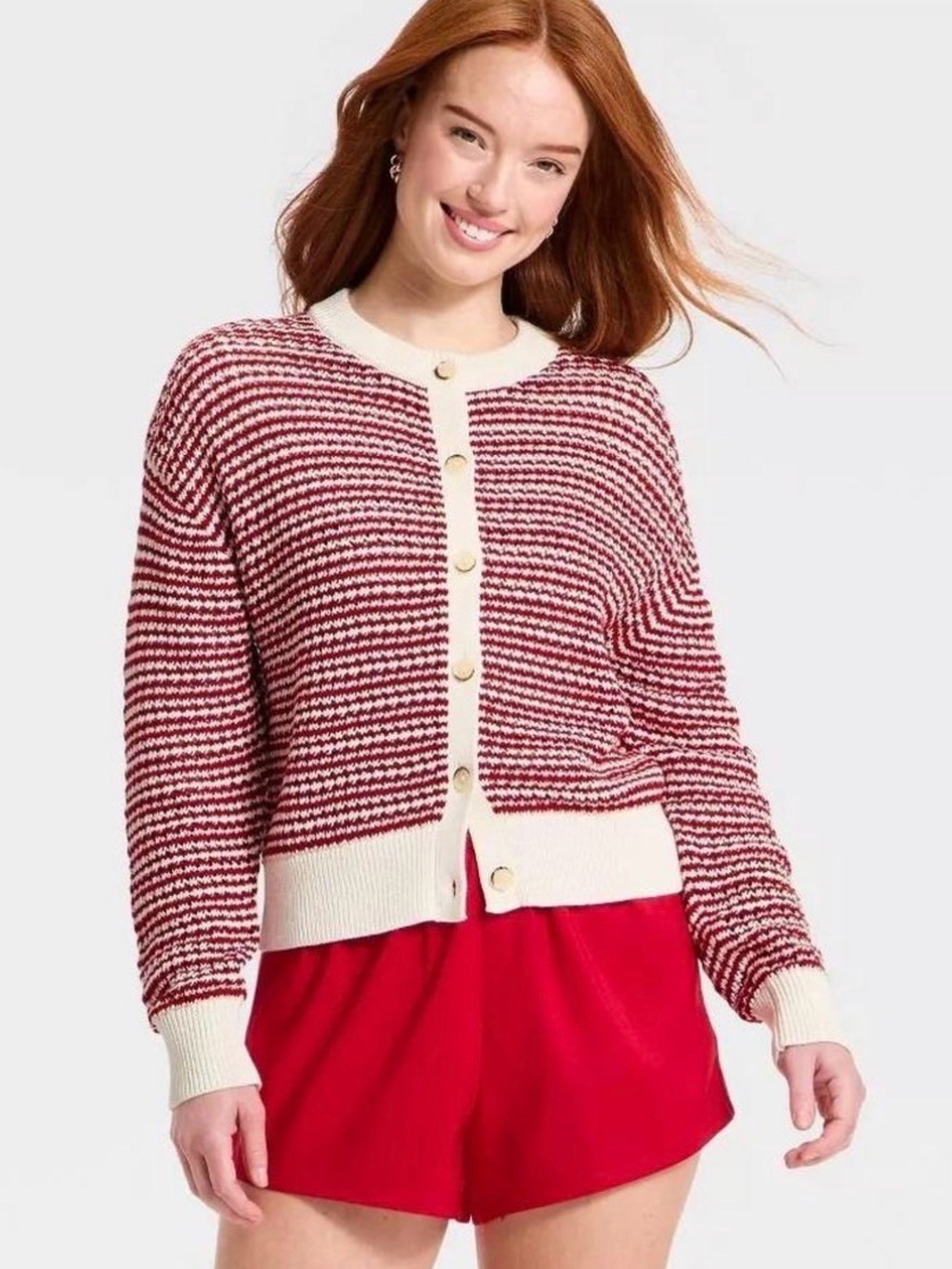 Universal Thread Red and Cream Striped Button-Up Cardigan